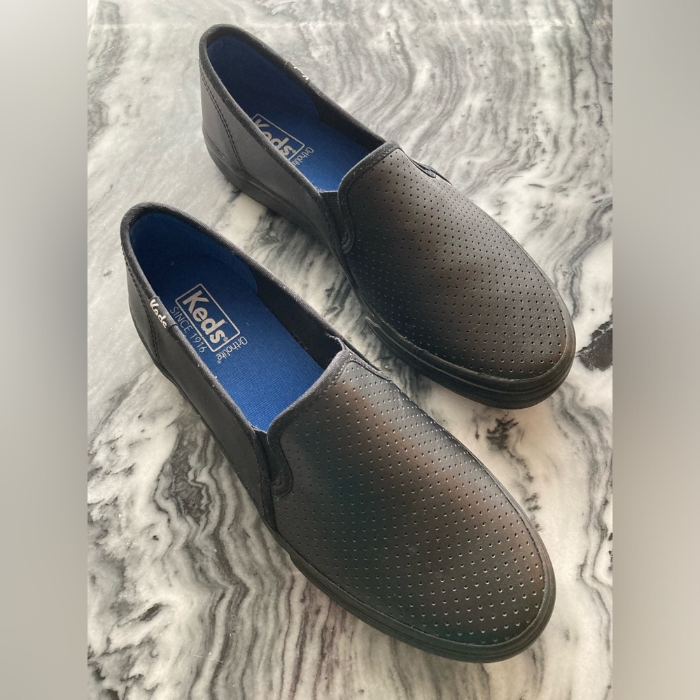 Keds black perforated leather slip-on sneakers, size 8.5 B.  Worn twice.